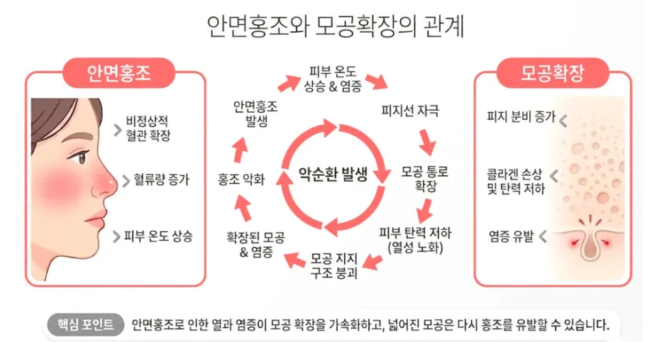안면홍조와 모공확장이 서로를 악화시키는 악순환(피부 온도 상승·피지선 자극·모공 확장·탄력 저하·홍조 악화)을 나타낸 설명 이미지