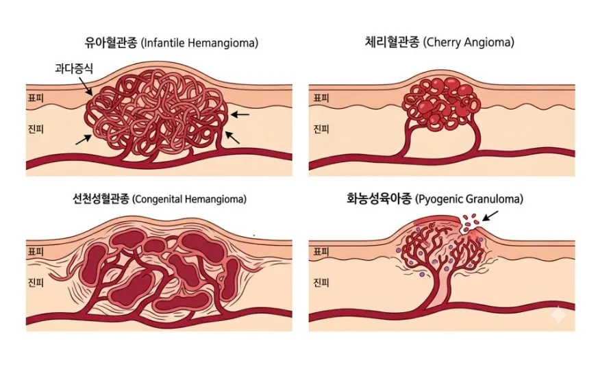 유아혈관종·체리혈관종·선천성혈관종·화농성육아종의 혈관 증식 형태를 비교한 피부 단면 설명 이미지