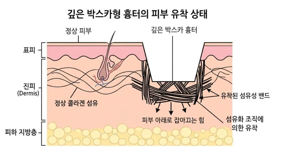 정상 피부와 깊은 박스카 흉터 아래 유착된 섬유성 밴드가 피부를 아래로 잡아끄는 상태를 비교한 단면 설명 이미지