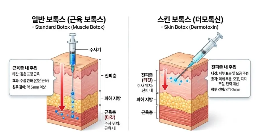 근육층에 주입하는 일반 보톡스와 진피층에 주입하는 스킨보톡스(더모톡신)의 주입 깊이와 타깃을 비교한 피부 단면 설명 이미지