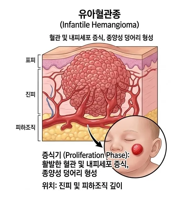 진피·피하조직에서 혈관과 내피세포가 증식해 종양성 덩어리를 형성하는 유아혈관종의 단면 설명 이미지