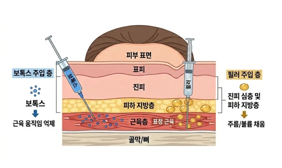 보톡스는 근육층, 필러는 진피 심층과 피하 지방층에 주입한다는 것을 나타낸 이마 피부 단면 설명 이미지