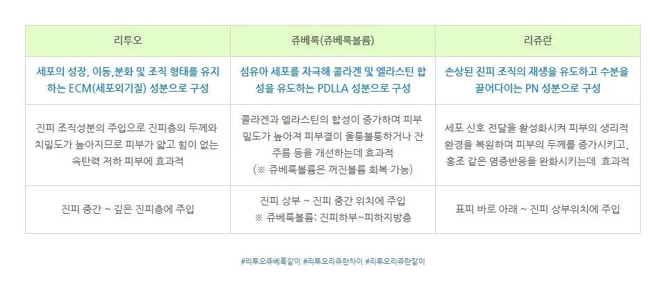 리투오(ECM 성분), 쥬베룩(PDLLA 성분), 리쥬란(PN 성분)의 구성, 효과, 주입 깊이를 정리한 비교표 이미지