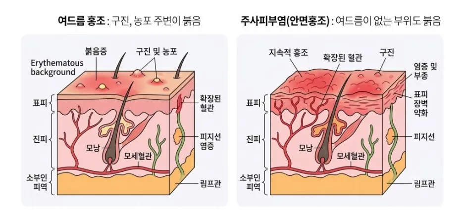 여드름 홍조(구진·농포 주변만 붉음)와 주사피부염 안면홍조(여드름 없는 부위도 붉음)의 피부 단면을 비교한 설명 이미지