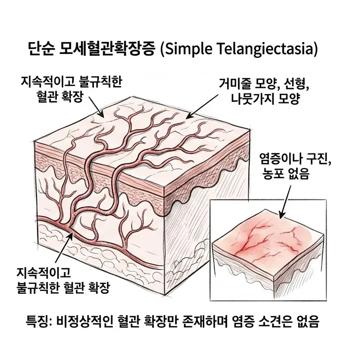 염증 없이 거미줄·선형·나뭇가지 모양으로 혈관만 확장된 단순 모세혈관확장증의 피부 단면 설명 이미지
