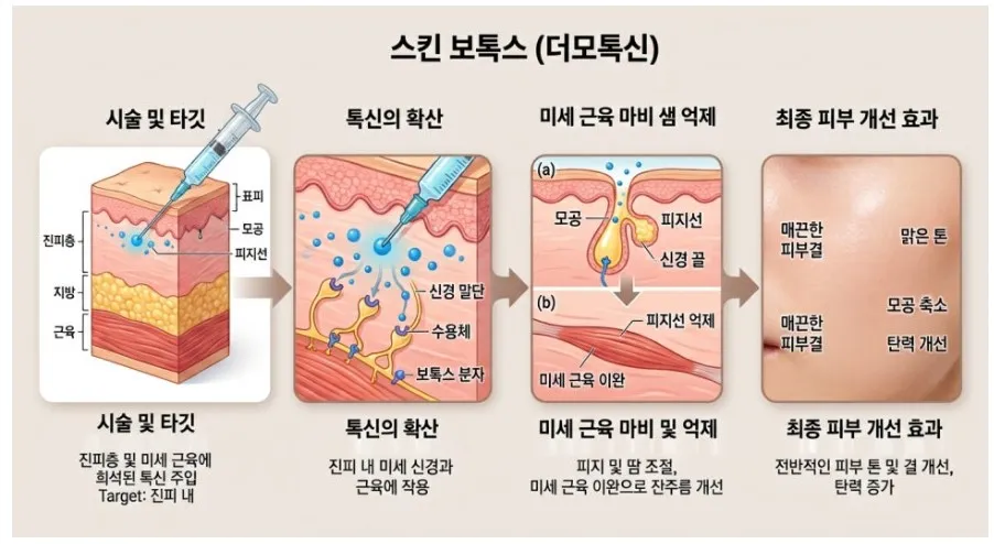 스킨보톡스의 시술 타깃, 톡신 확산, 미세 근육 마비와 피지선 억제, 최종 피부 개선 효과를 4단계로 나타낸 설명 이미지