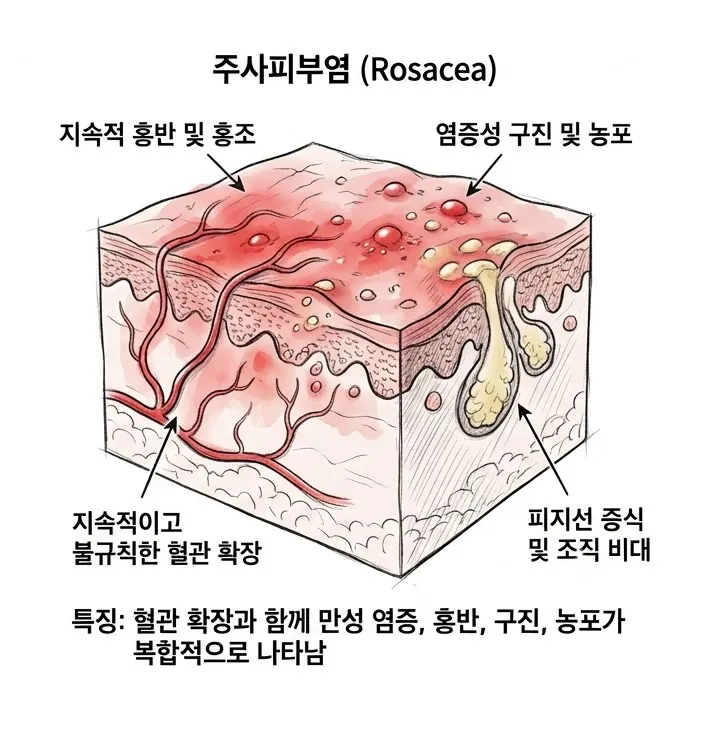 지속적 홍반과 혈관 확장에 염증성 구진·농포, 피지선 증식이 함께 나타나는 주사피부염의 피부 단면 설명 이미지
