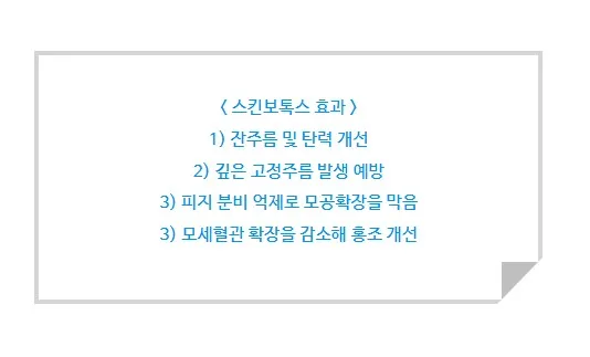 스킨보톡스 효과(잔주름 및 탄력 개선, 깊은 고정주름 예방, 피지 억제로 모공확장 방지, 모세혈관 확장 감소로 홍조 개선)를 정리한 안내 문구 이미지