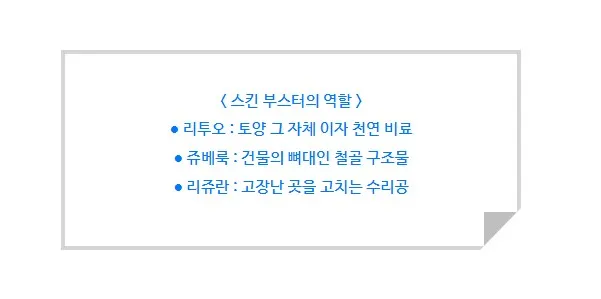 스킨부스터의 역할을 비유한 안내 문구 이미지(리투오는 토양이자 천연 비료, 쥬베룩은 건물의 철골 구조물, 리쥬란은 고장난 곳을 고치는 수리공)