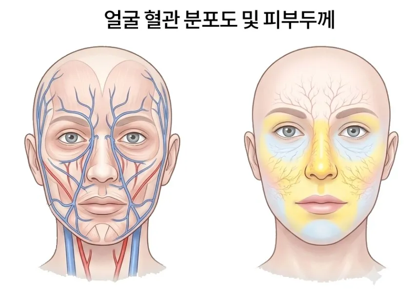 얼굴의 혈관 분포도와 부위별 피부 두께를 나타낸 설명 이미지