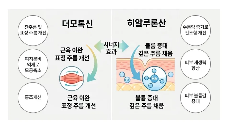 더모톡신(근육 이완·표정 주름 개선·피지 억제·홍조 개선)과 히알루론산(볼륨 증대·수분량 증가·재생력 향상)의 시너지 효과를 나타낸 설명 이미지
