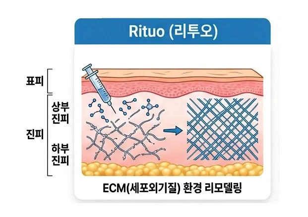리투오가 진피에 주입되어 ECM(세포외기질) 환경을 리모델링하는 과정을 나타낸 피부 단면 설명 이미지
