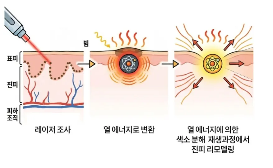 레이저 조사가 열 에너지로 변환되어 색소를 분해하고 재생 과정에서 진피 리모델링이 일어나는 3단계를 나타낸 설명 이미지