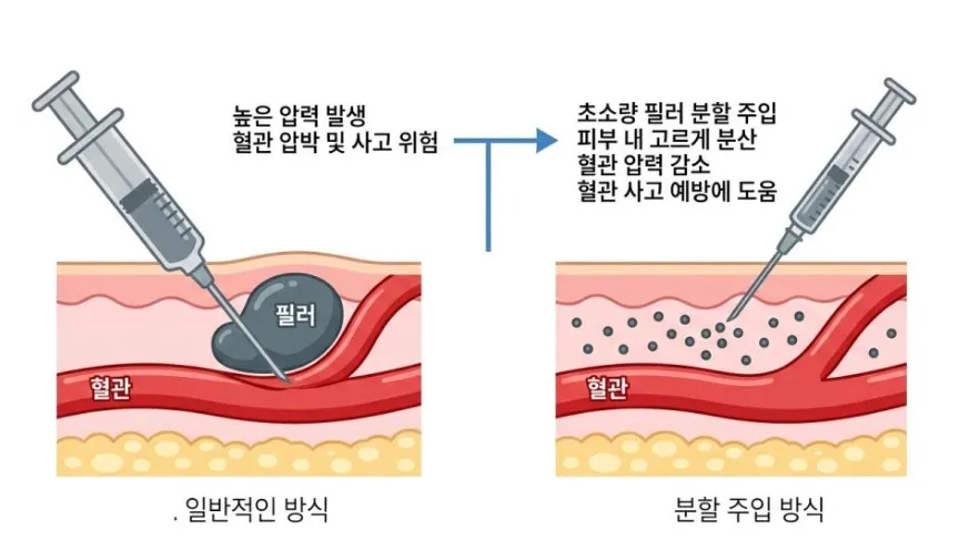 한 번에 주입해 혈관을 압박하는 일반적인 방식과 초소량 분할 주입 방식을 비교한 피부 단면 설명 이미지