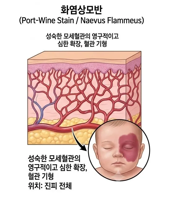 진피 전체의 성숙한 모세혈관이 영구적으로 심하게 확장된 화염상모반의 단면 설명 이미지