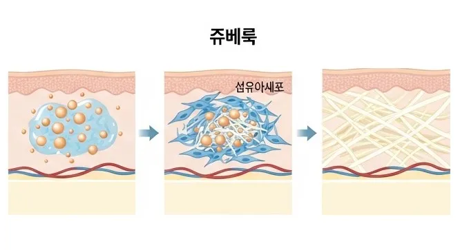 쥬베룩 입자가 주입된 뒤 섬유아세포가 모여 콜라겐 섬유가 생성되는 3단계를 나타낸 피부 단면 설명 이미지