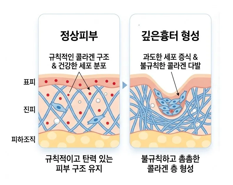 규칙적인 콜라겐 구조의 정상피부와 불규칙하고 촘촘한 콜라겐 층이 형성된 깊은 흉터를 비교한 단면 설명 이미지