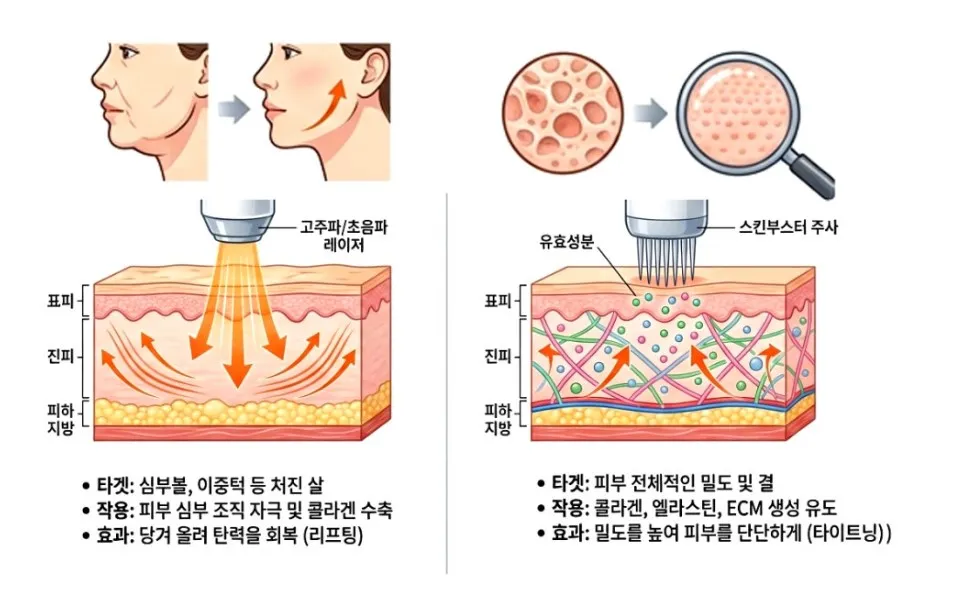 처진 살을 당겨 올리는 고주파·초음파 레이저 리프팅과 피부 밀도를 높이는 스킨부스터 타이트닝의 차이를 비교한 설명 이미지
