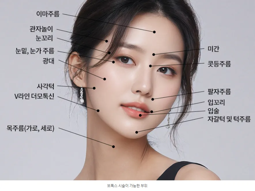 보톡스 시술이 가능한 얼굴·신체 부위를 표시한 설명 이미지
