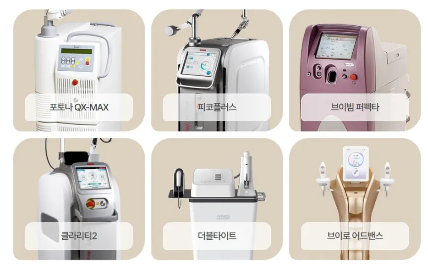 치료에 사용된 포토나 QX-MAX·피코플러스·브이빔 퍼펙타·클라리티2·더블타이트·브이로 어드밴스 장비 이미지 모음