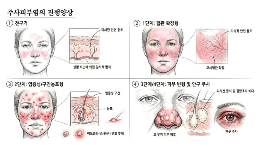 주사피부염의 진행 양상(전구기, 혈관 확장형, 염증성 구진농포형, 피부 변형 및 안구 주사)을 얼굴 그림과 피부 단면으로 나타낸 설명 이미지
